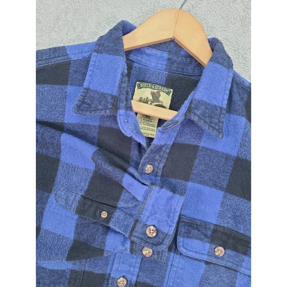 Vintage Field & Stream Mens XL Heavy Blue Black Buffalo Plaid Flannel Shirt